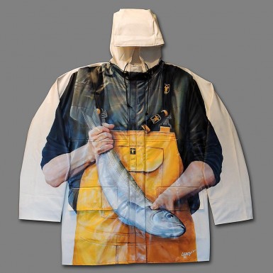 "Jamais bredouille" acrylique sur veste Guy Cotten, vendue aux enchères le 5 avril 2014 © Christian LEROY